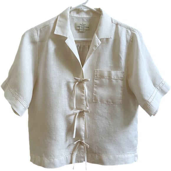 Trovata Birds of Paradis Linen Bow Tie Front Shirt Ivory XS Luxury Resort Blouse - Picture 1 of 11